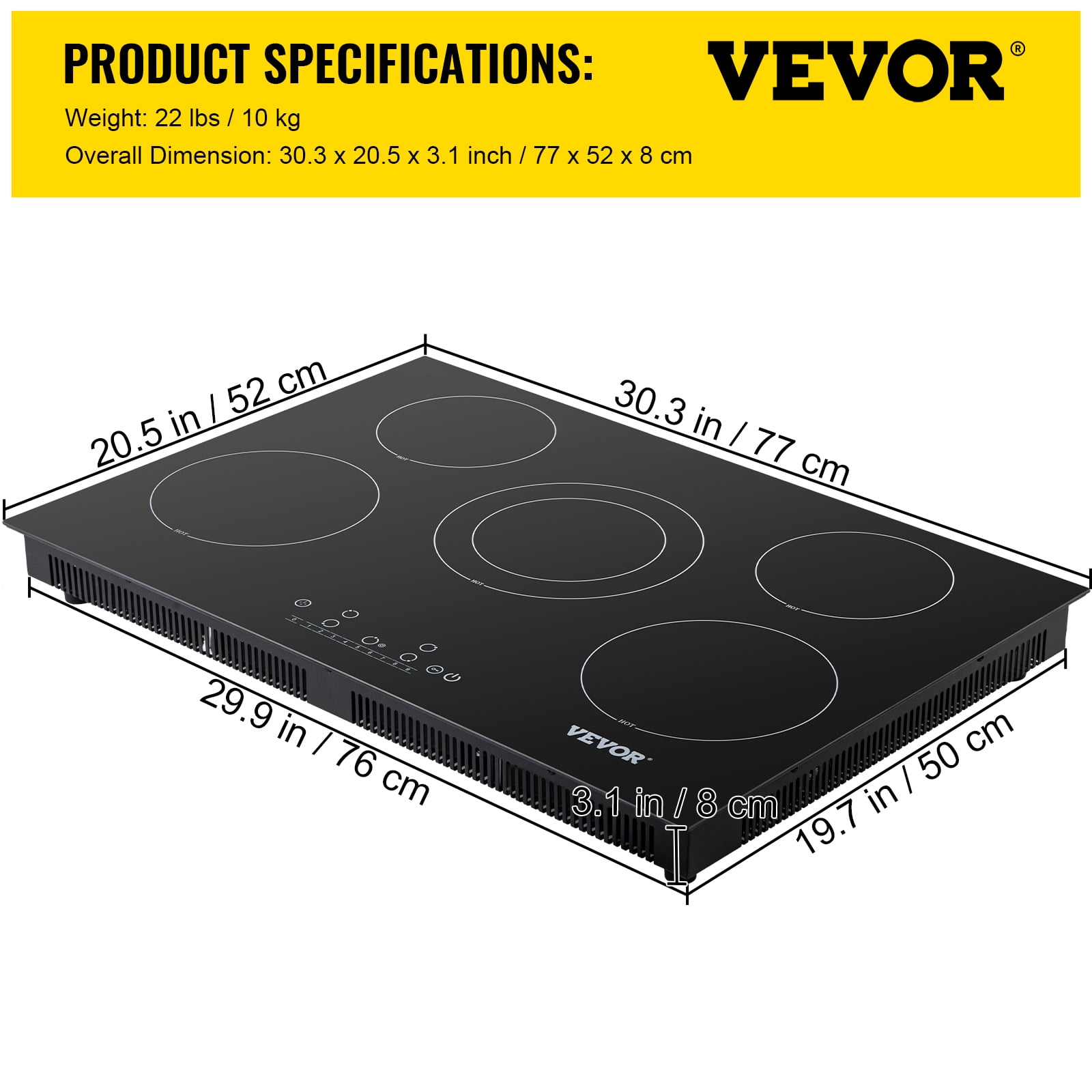 VEVORbrand Built-in Electric Stove Top, 30 inch 4 Burners, 240V Ceramic  Glass Radiant Cooktop ,Sensor Touch Control, Timer Child Lock Included, 9