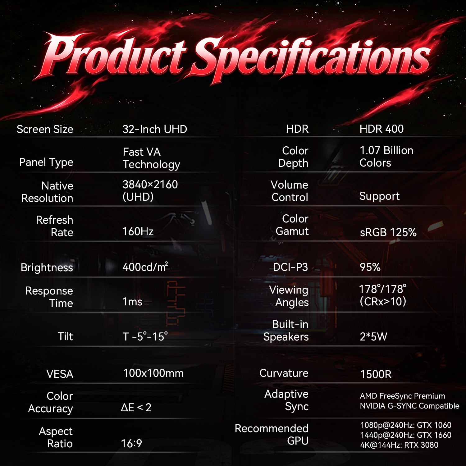ETiansu 32-Inch Curved 4K Gaming Monitor, 160Hz VA Panel, 1ms, HDMI 2.1, AMD FreeSync & G-Sync Compatible, HDR400, Built-in Speakers, VESA