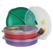 (Set of 3) Chef's 1st Choice Microwave Food Storage Tray Containers - 3 Section / Compartment Divided Plates w/ Vented Lid