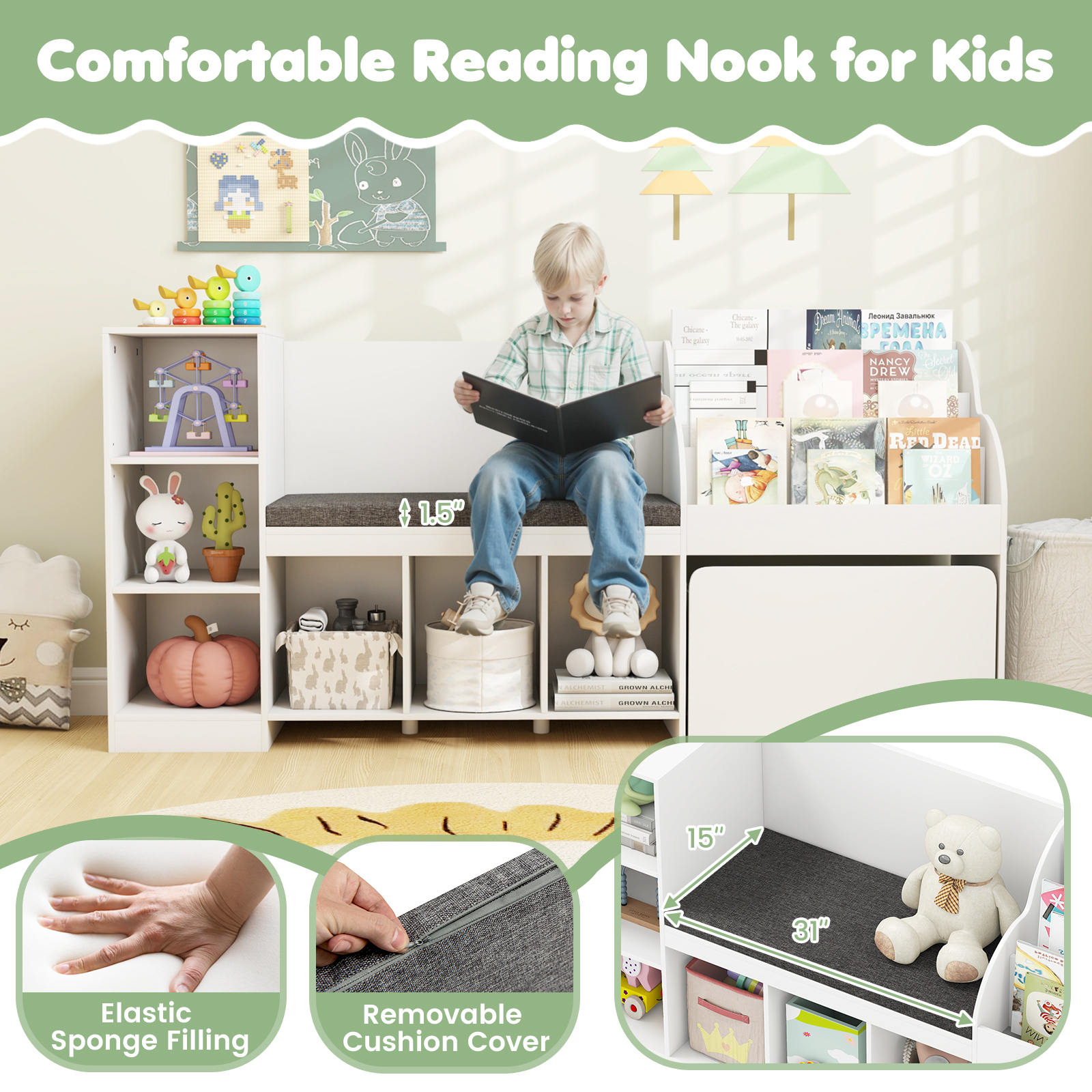 Gymax Wooden Kids Bookshelf w/Reading Nook Padded Seat Open Cubes Adjustable Shelf