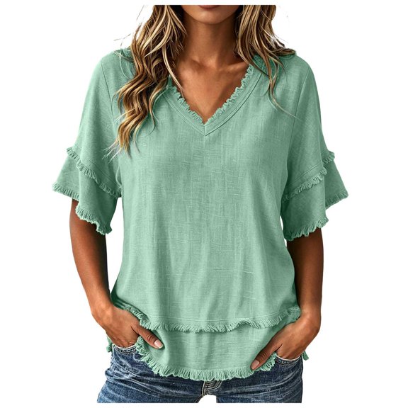 Akiihool Womens Tops Casual Women's Mock Neck Ribbed Knit Scallop Short Sleeve T Shirt Tops (Mint Green,XL)