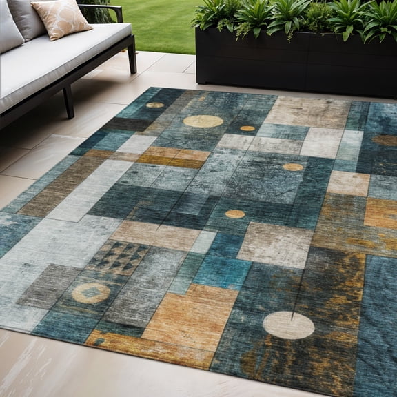 5' X 8' Teal Blue Gray And Gold Geometric Washable Indoor Outdoor Area Rug