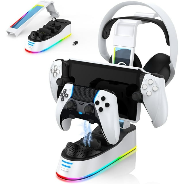 Base de carga para PS5 Portal y mando PS5/PS5 Edge, con soporte para auriculares, luz RGB y cargador portátil para la consola PS5 Portal