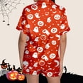 thumbnail image 6 of Trendfront Womens Relaxed 2 Piece Halloween Pajama Set Notched Collar Button Front Short Sleeve Top Elastic Waist Shorts Ghost Print Sleepwear for Women, 6 of 7