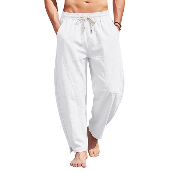 Homeyce Mens Cotton Linen Pants Elastic Drawstring Waist Straight Leg Pants with Deep Pockets Cotton Linen Cotton Trousers Lightweight Casual Summer Yoga Beach Harem Baggy Trousers,White M