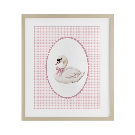 Gentle Swan on Pink Checkered Birch Framed Print Under Glass, design by Christine Simpson Art