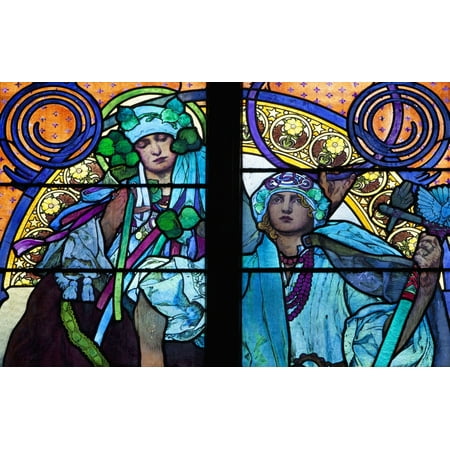 Stained galss window in St Vitus Cathedral designed by Alfons Mucha Prague Czech Republic Europe Stretched Canvas - Mark Thomas  Design Pics (38 x