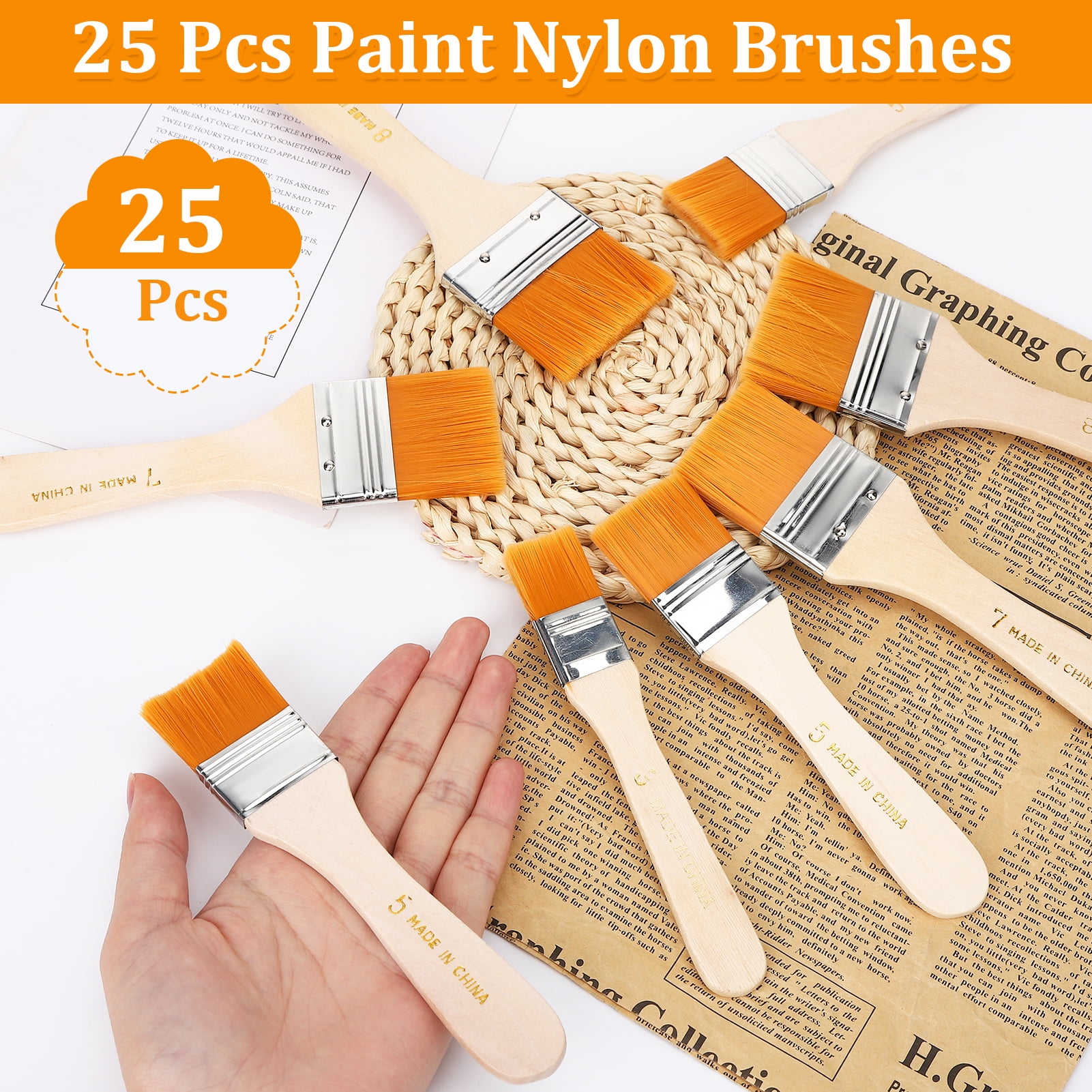LUIISIS 25 Pcs Wide Flat Paint Brushes, 4 Different Sizes, Soft Nylon Paint Brush with Wood Handle, Tool for Pigment Painting, Grilling, Dust Removal, Wood Stain, Paint Brush, Varnish Brush