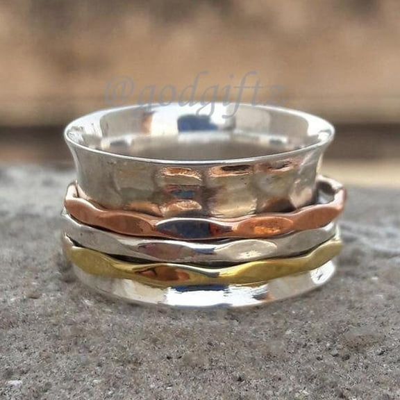 Hammered Sterling Silver Spinner Ring: Three-Tone Meditation Fidget Ring