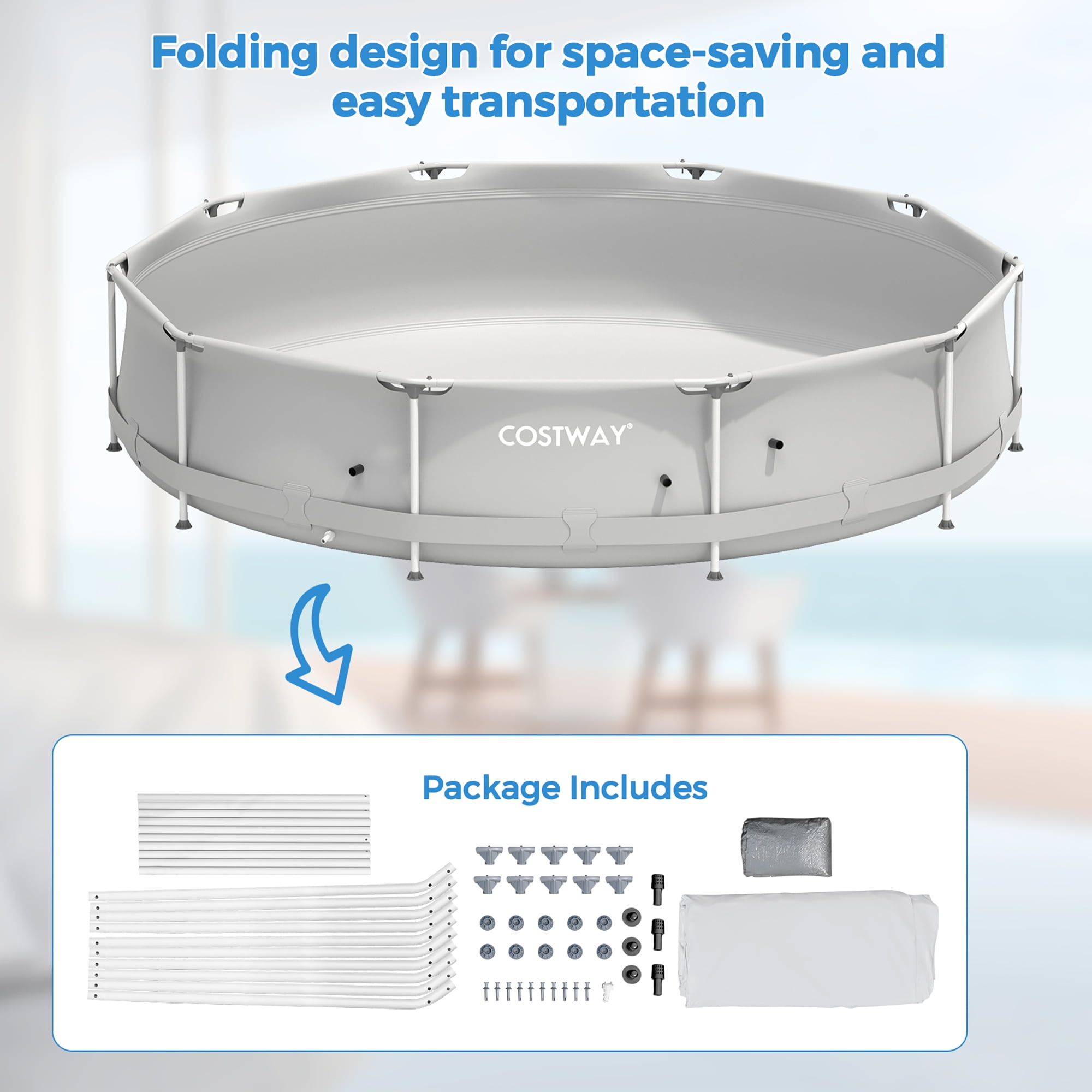 Costway Round Above Ground Swimming Pool Patio Frame Pool W/ Pool Cover Iron Frame Grey