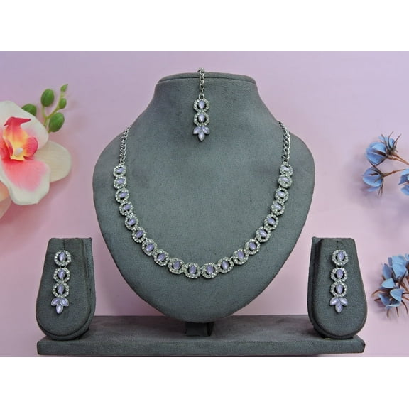 Parshwa Creations Women's Indian Bollywood Stlye Wedding Silver Plated Jewelry Crystals American Diamonds Alloy Necklace Set with Earrings