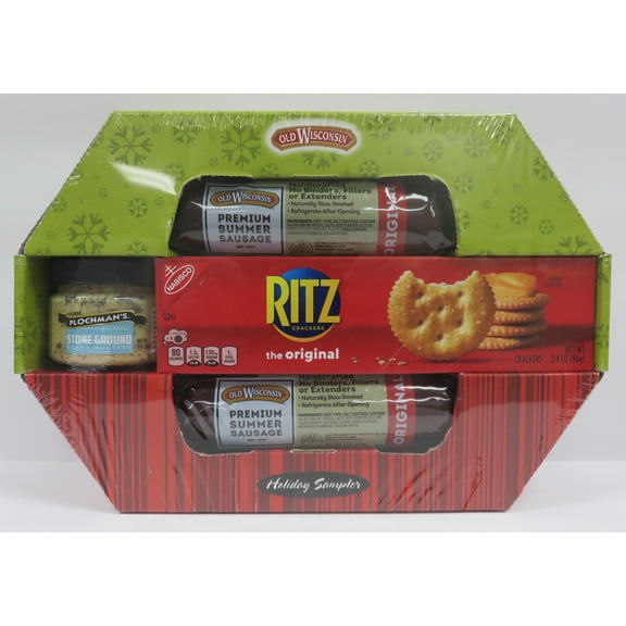 Old Wisconsin Holiday Gift Sampler, Two Summer Sausage Logs, Ritz Crackers, Plochumans Mustard, in a Holiday Themed Cardboard Box