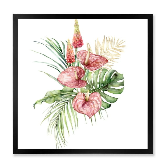 Designart 'Tropical Bouquet With Anthurium Lupine and Leaves On White I' Traditional Framed Art Print