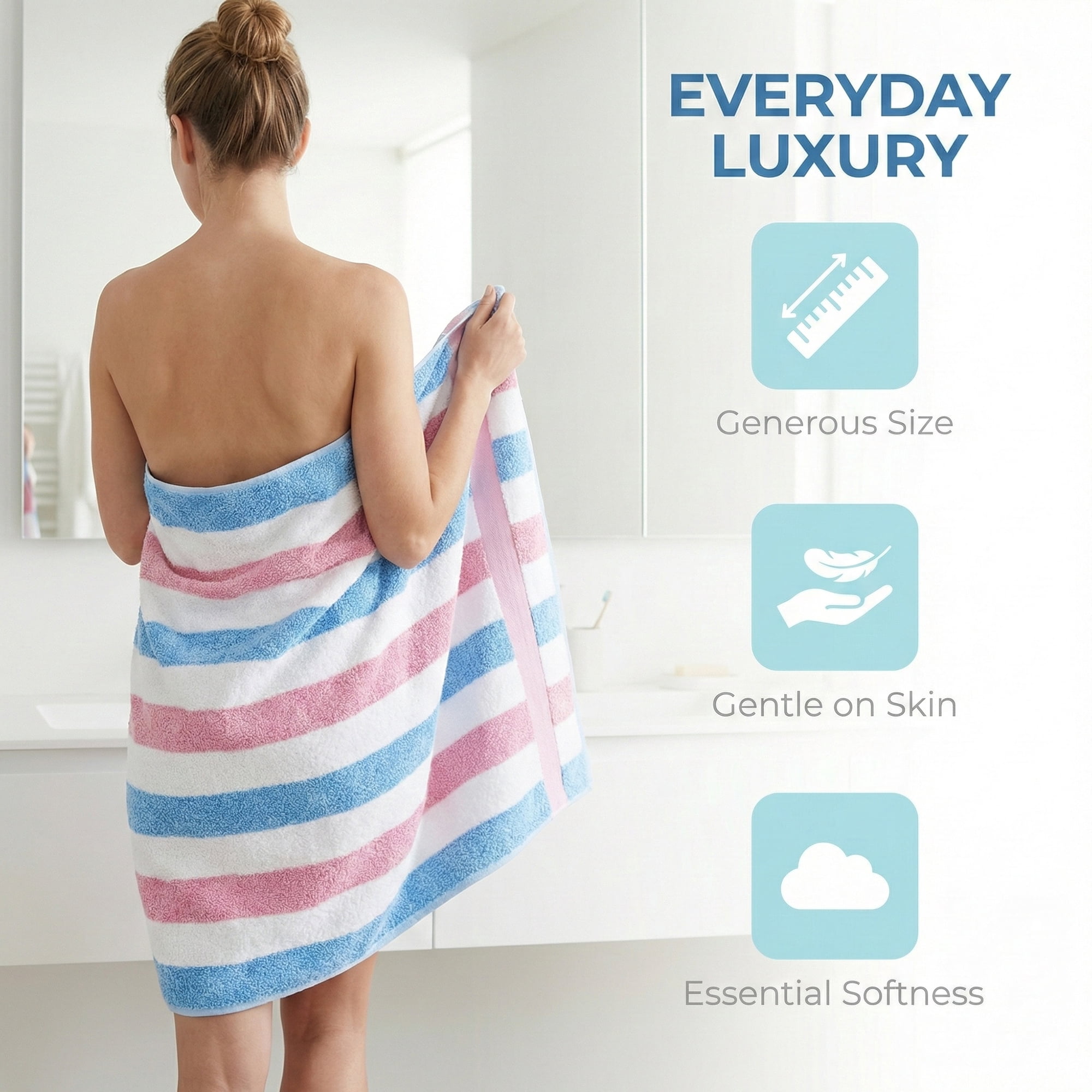Unique Bargains Absorbent Stripe Soft Cotton Towel 2 Pack Pink/Royal Blue 55"x28"