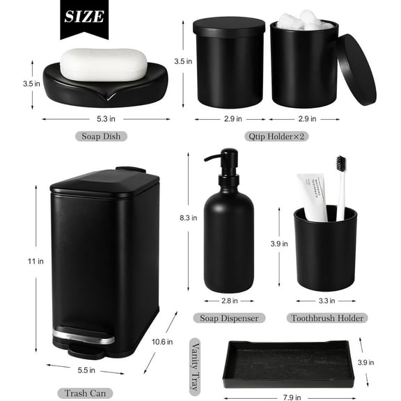 Pcs Matte Black Bathroom Accessory Set with Trash Can, Soap Dispenser & Vanity Tray