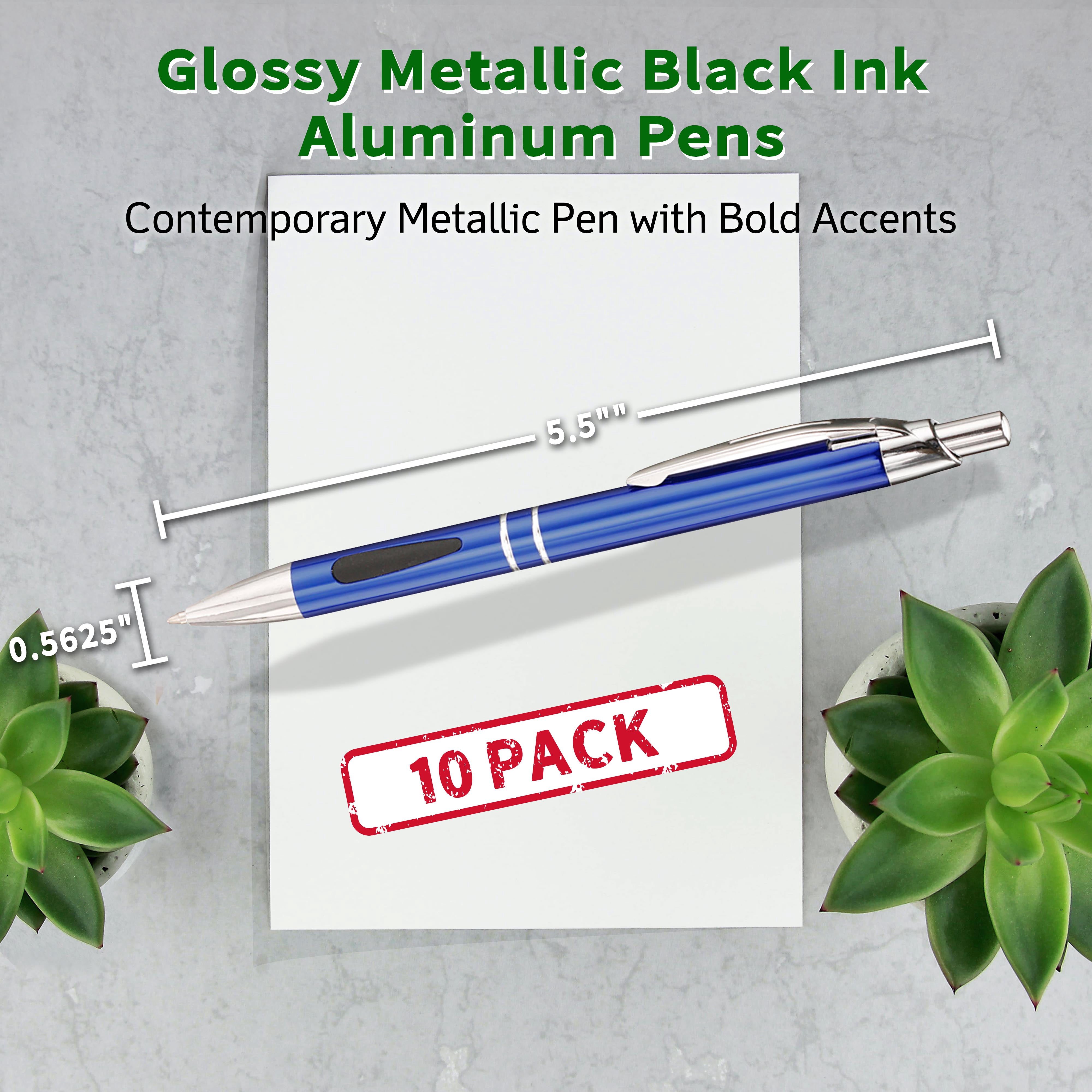 10 Black Ink Metal Pens Pack - Ballpoint, Retractable, Silver accents - Blue