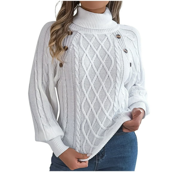 UAMVSH Women's Lantern Long Sleeve Sweaters Oversized Turtleneck Button Thick Tops Comfy Cable Knitted Tunic Sweater Pullover(X-Large,White)