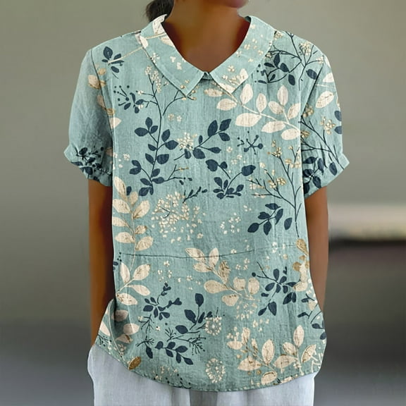 Rollbacks & More Viikei Women Blouses Summer Short Sleeve Tops,Women's Ladies Fashion Casual Cropped Short Sleeve Printing Loose Shirt Blouse Top Blue M