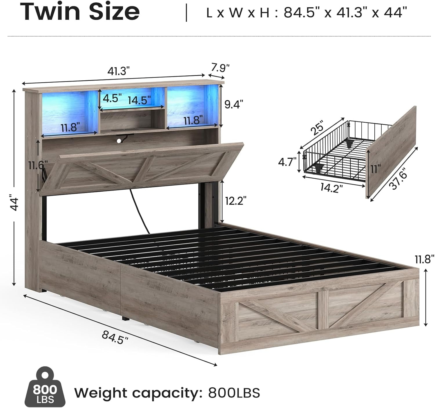 Twin Size Bed Frame, Farmhouse Wooden Platform Twin Bed with Storage Headboard Bookcase and 11'' Under-bed Storage Drawers Gray