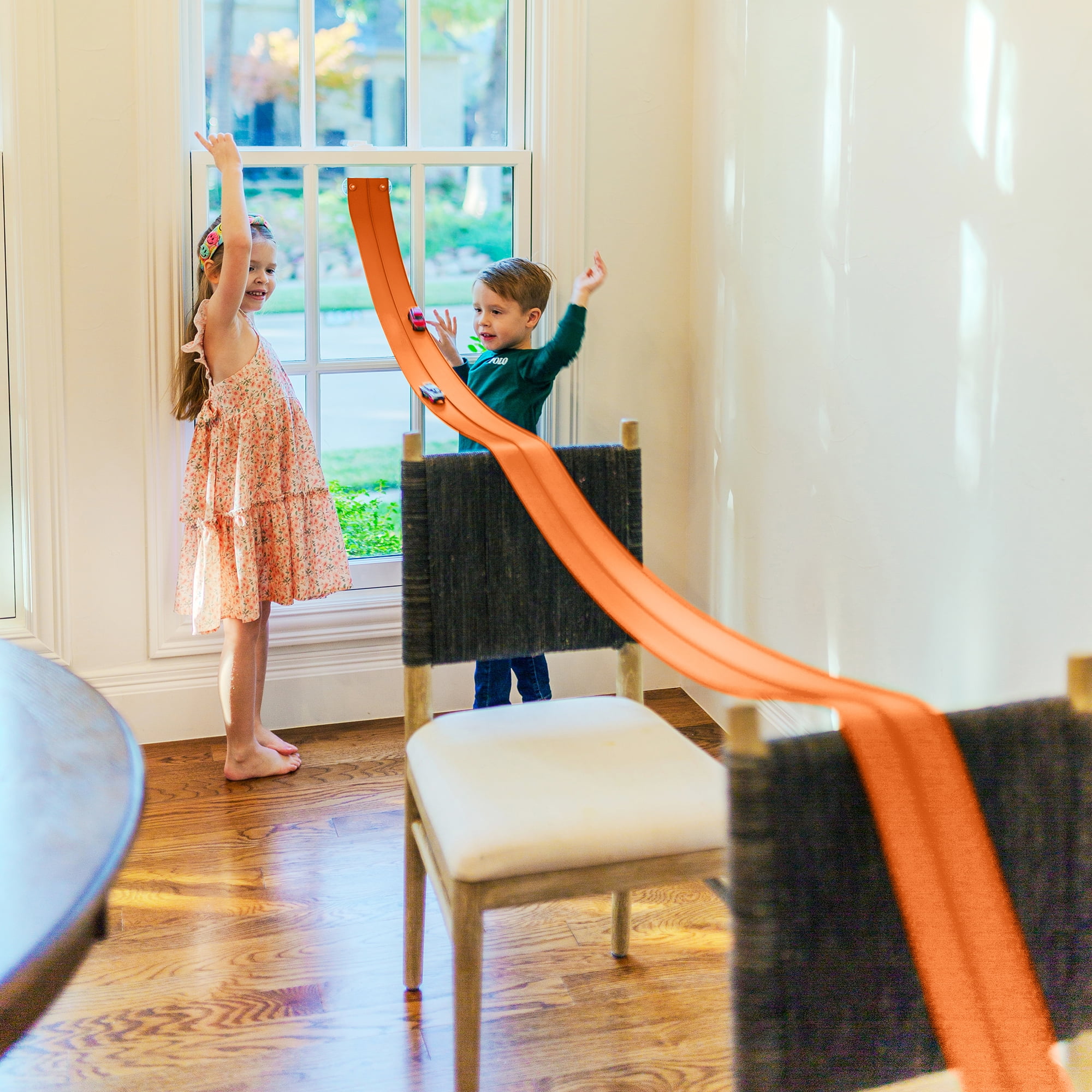 Valchemist FlexTrack 5000 Orange Track for Toy Cars Flexible Race Track for Kids with Suction Cups Compatible with Hot Wheels Matchbox and Diecast 1/64th Car 15 Feet Long Rolls Up Portable Racetrack