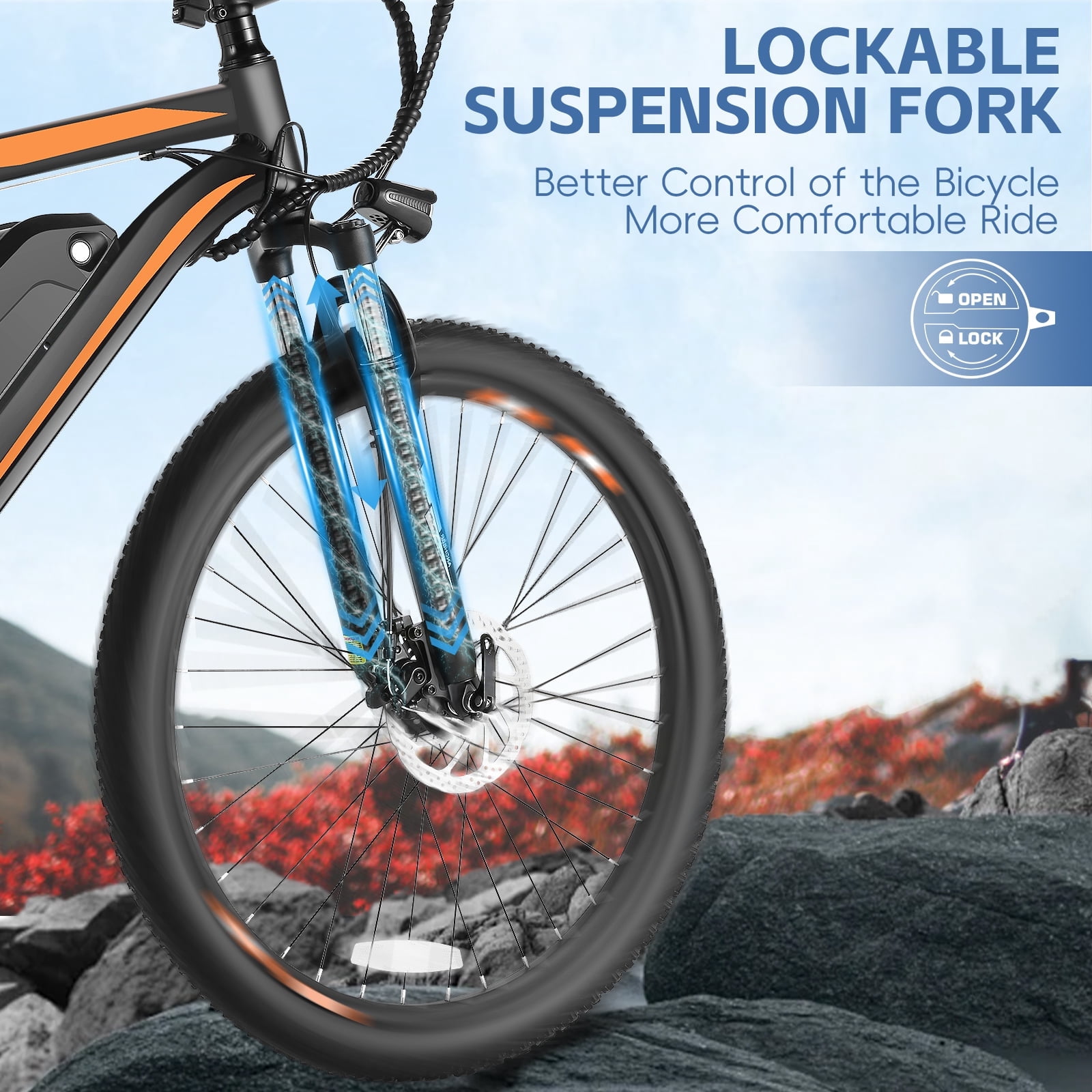Elifine 500W Electric Bike 26" Electric Bike for Adults, 20mph Electric Mountain Bicycle, 48V Removable Battery Commuter Ebike, Adjustable 21-Speed Gears, Aluminum Alloy Frame UL 2849 Orange