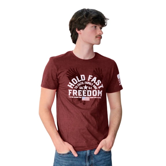 HOLD FAST Mens Short Sleeve Casual T-Shirt, Freedom Eagle Crest, Peppered Red Heather, SM