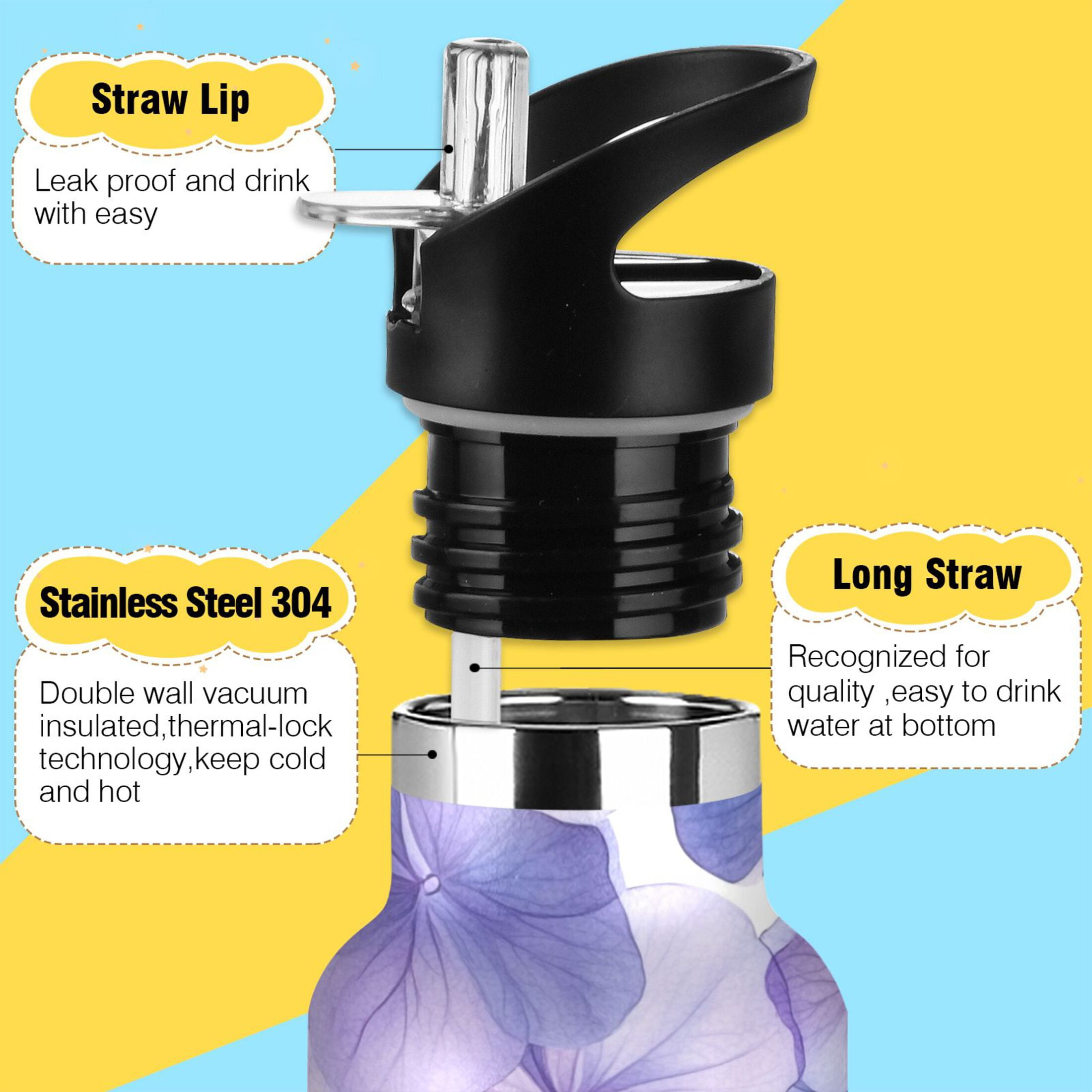 600ML Stainless Steel Insulated Cup Sports Water Bottle Portable Thermos Cup Water Glasses Insulated Tumblers Convenient and Durable Purple Hydrangea
