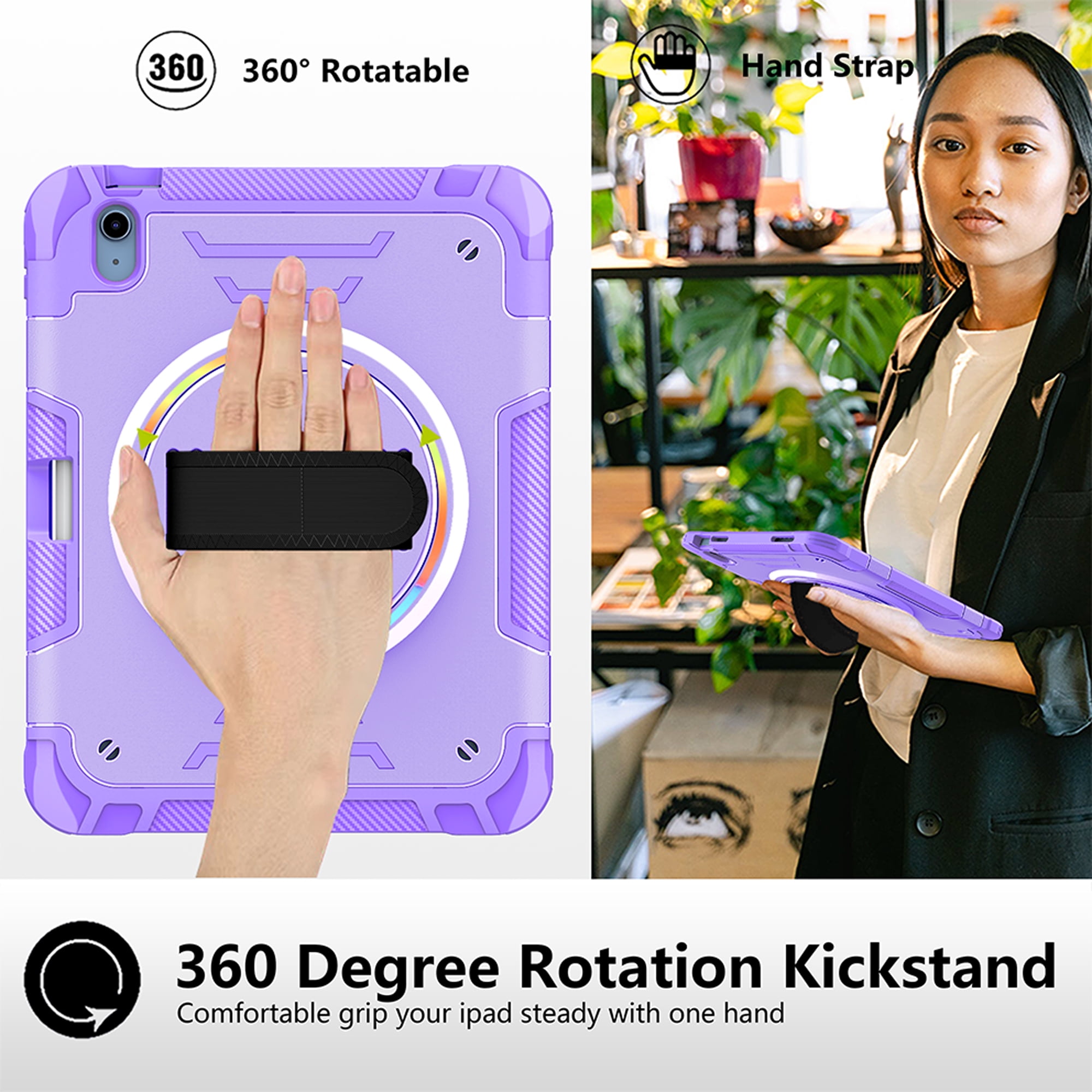 for iPad (A16) 11th Gen 2025, Rugged Shockproof Case for iPad 10th Gen 2022 with Pencil Holder, 360 Rotating Hand Strap & Stand, Shoulder Strap, TPU PC 3 Layers Multi-Functional Cover - Purple