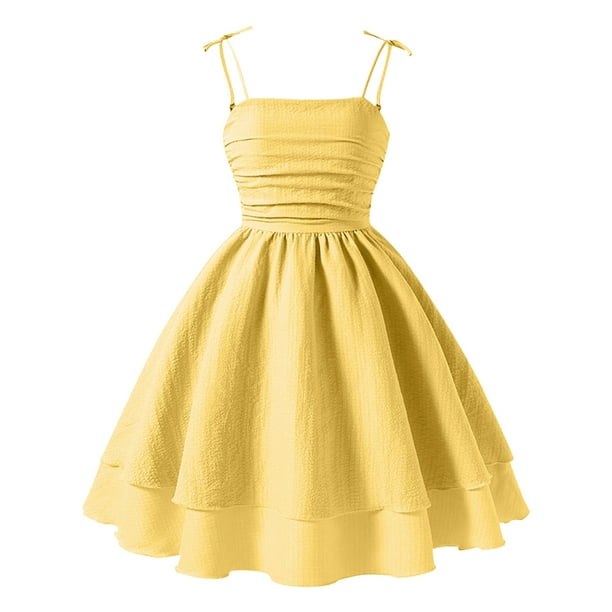 Atoguta 8-13 Years Girls Graduation Dress Spaghetti Strap Linen Midi Dress Casual Cami Dresses Yellow, Girl's, Size: 8-9 Years