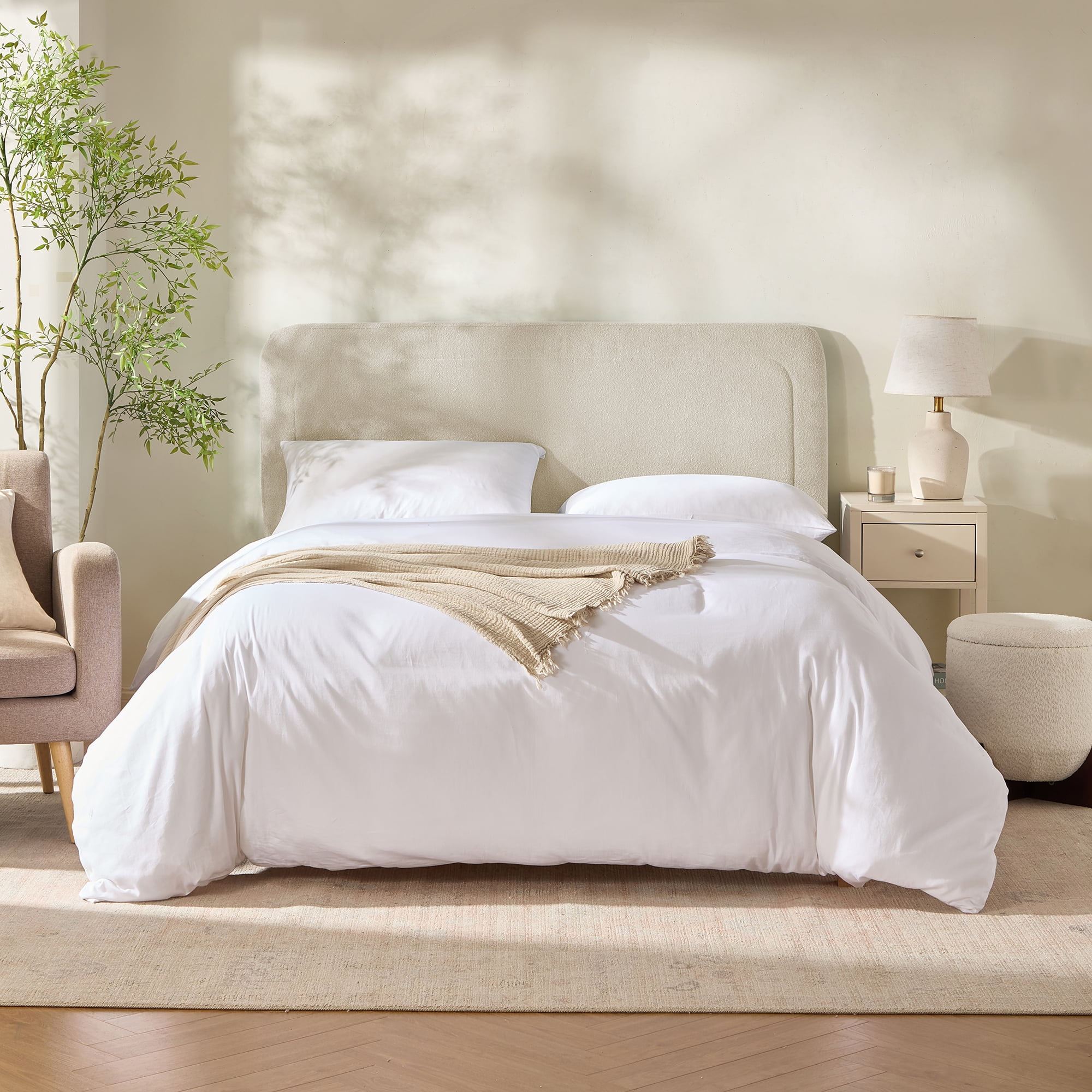 Virtu King Headboard No Tools Required Peel and Stick Upholstered Boucle Bed Headboard Only, Linen