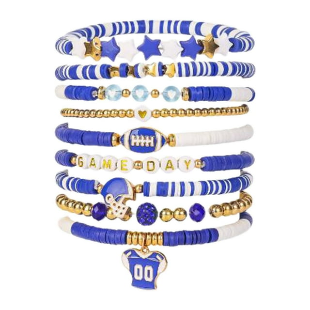 Pulsera de fútbol de la capa apilable pulsera de cristal Corazón Letra Amistad Estiramiento Pulsera Set (Nueve Cierre)