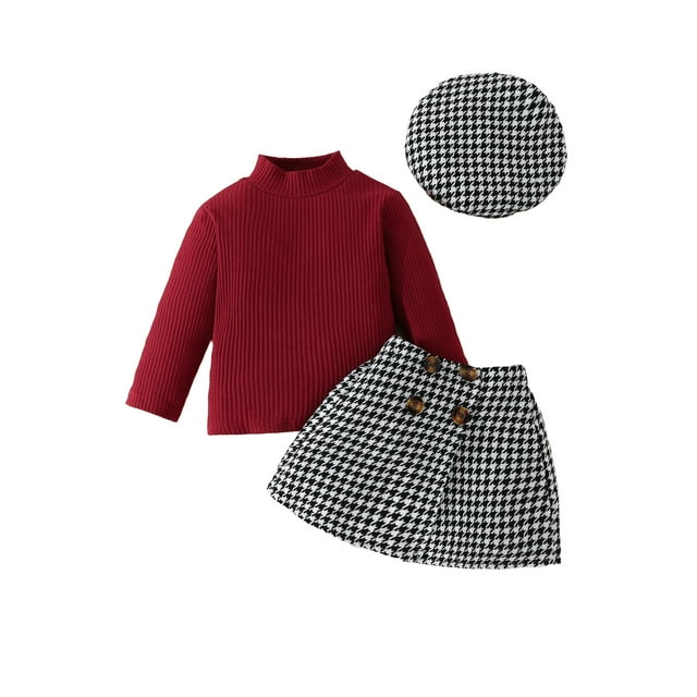 xiaxaixu Baby Girls Fall Outfits Skirt Set Toddler Ribbed High Neck Tops and Houndstooth Mini Skirt Hat Outfits Infant Suits