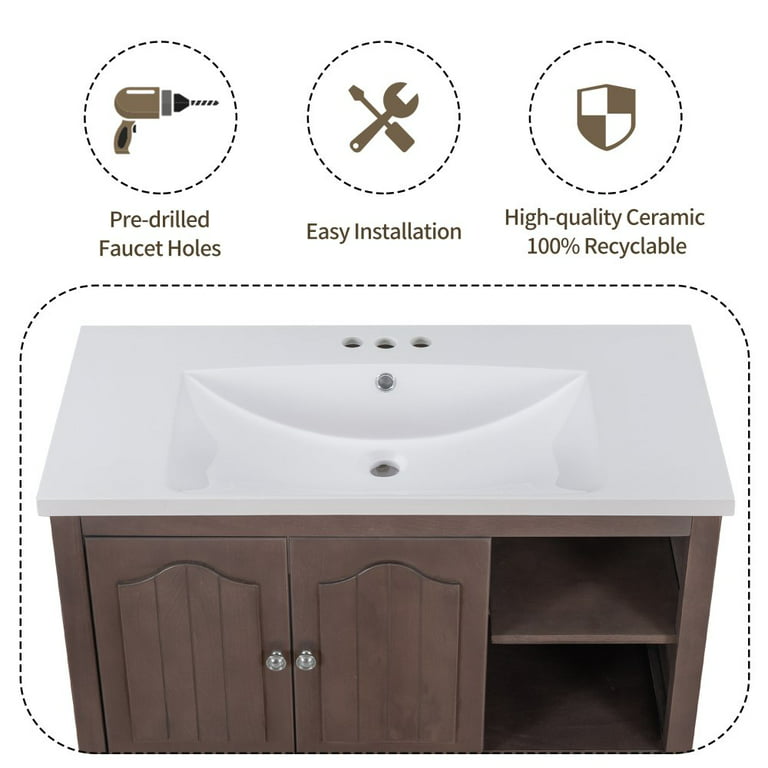 Hassch 36 Bathroom Vanity with Sink, Wood Storage Cabinet with Drawers,  Brown
