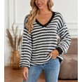 thumbnail image 4 of Geometric Striped Pattern Drop Shoulder Knit Sweater for Women Black Large, 4 of 5