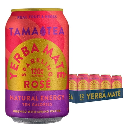 Sparkling Rose Yerba Mate by Tama Tea - Healthy Energy Drink Alternative - Made with Real Fruit & Herbs - 120mg of Caffeine, No Sweeteners, 10 Calories - 12oz Pack of 12