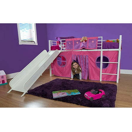 Girls Princess Castle Twin Loft Bed with Slide, Guardrails