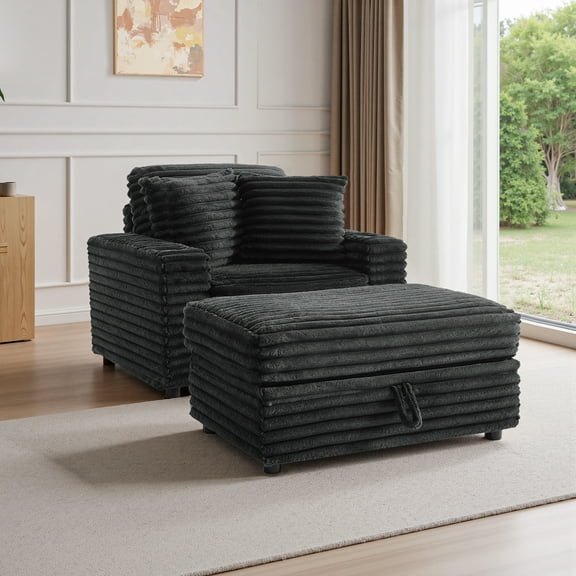 UIXE Oversized Accent Chair with Storage Ottoman & Cup Holder, Faux Fur Armchair Upholstered Indoor Chaise Lounge Chair for Living Room, Comfy Large Arm Chair Bedroom Reading Seat, Dark Gray