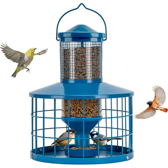 Caged Bird Feeders -Proof, , 2.8 Lbs Capacity-Cage Tube  Feeders with Tray Outdoor , Attract Birds,Detachable Cleaning, Starling Proof  Bird Feeder(Blue)