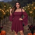 thumbnail image 3 of KLHDSF Women's Renaissance Fairy Dress A Line Boho Corset Dress | Long Bell Sleeves Off-shoulder Dress with Pockets, Comfortable Chiffon, for Ren Fair, Pirate Medival Halloween Themed Party Wine L, 3 of 7