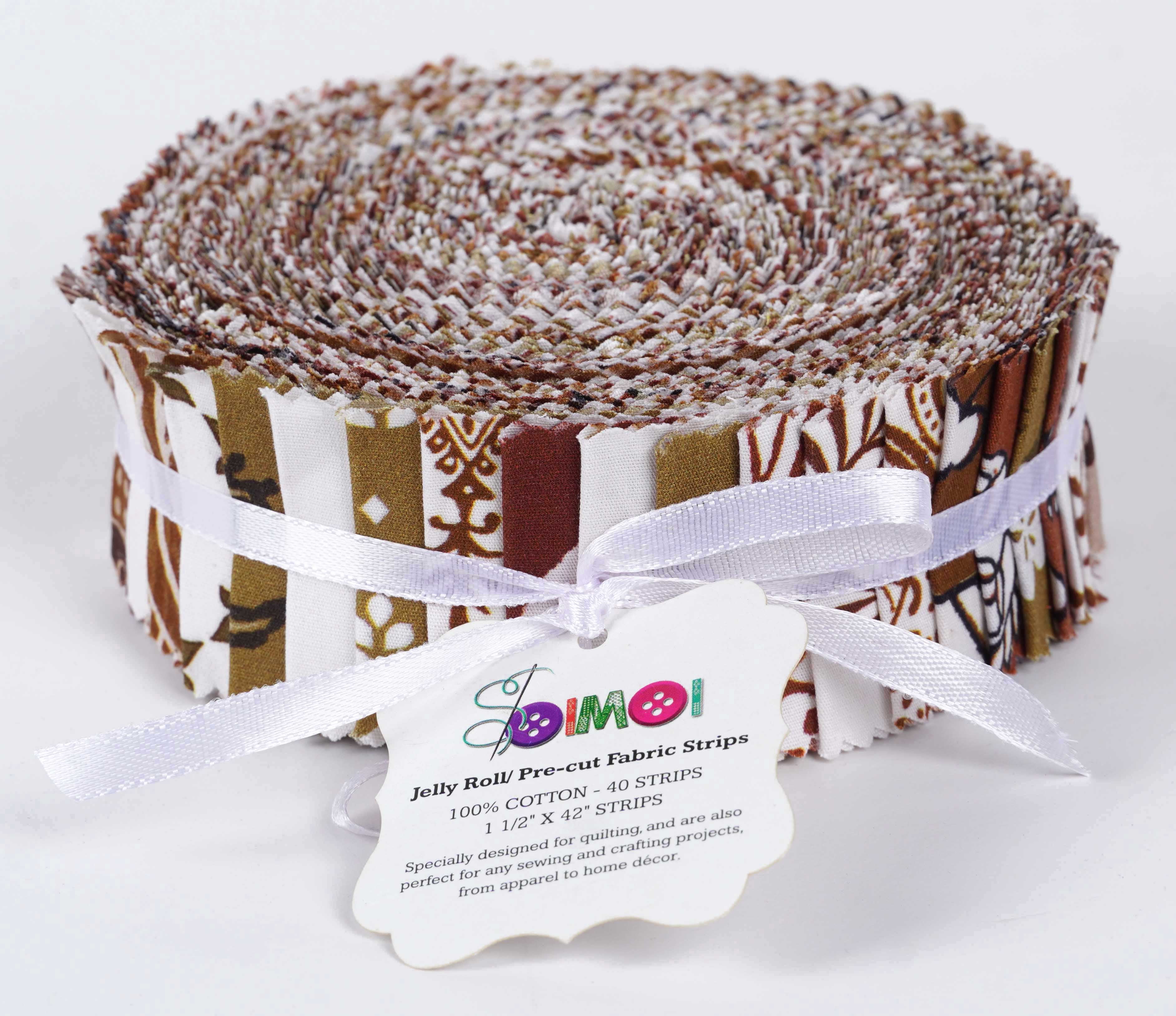 Soimoi 40Pcs Block Print Precut Fabrics Strips Roll Up 1.5x42inches Cotton Jelly Rolls For Quilting - Light Brown