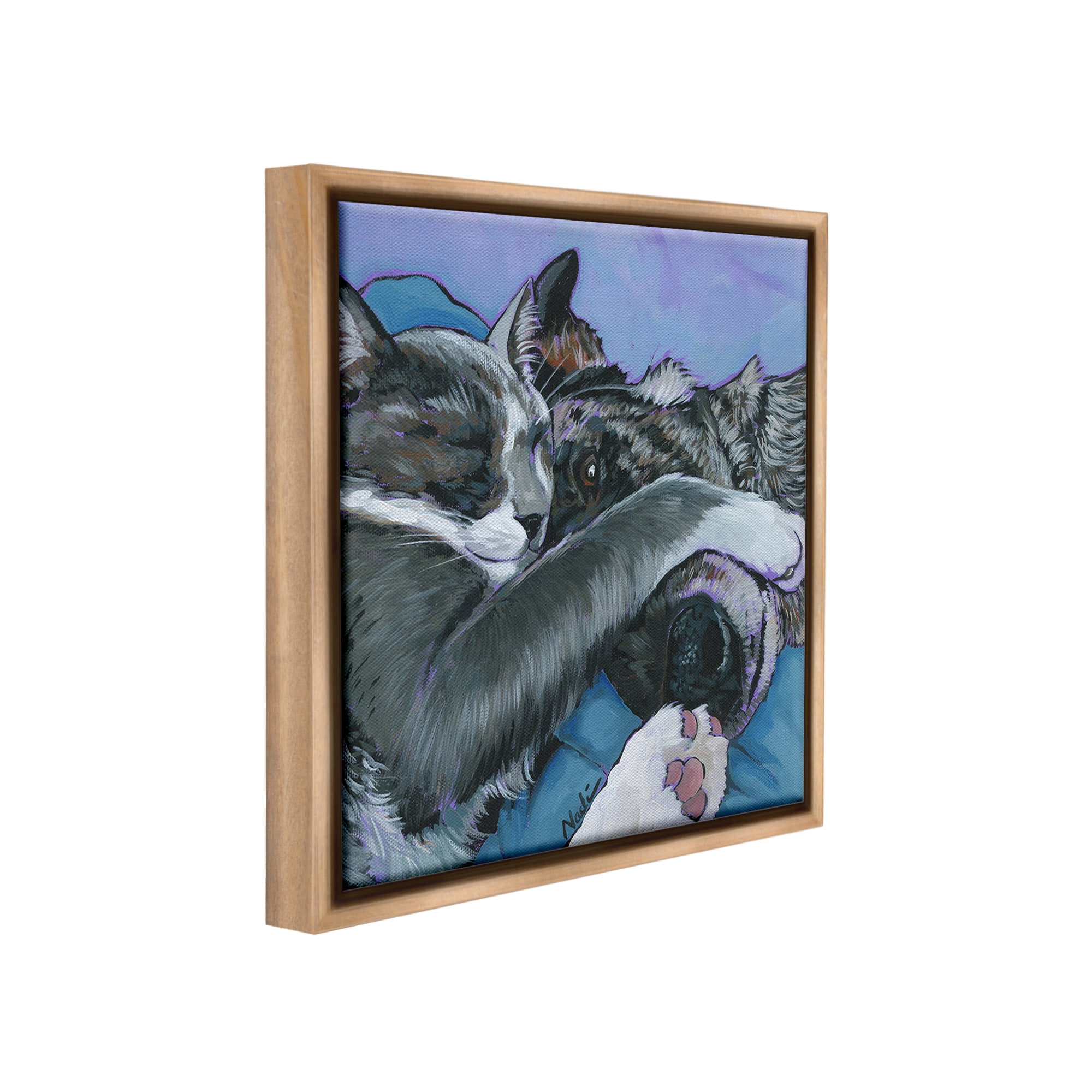 Stupell Industries Cat & Dog Sleeping Animals & Insects Painting Brown Floater Framed Canvas Art Print Wall Art, 18 x 18