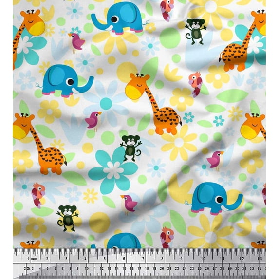 Soimoi Polyester Crepe Fabric Floral,Bird & Animal Cartoon Print Fabric by The Yard 52 Inch Wide