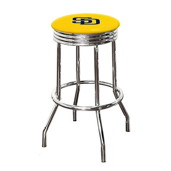 The Furniture King Bar Stool 24" or 29" Tall Backless Chrome Metal Stool Featuring Your Favorite Baseball Team Logo on a Colored Vinyl Swivel Seat Cushion - Padres on Yellow