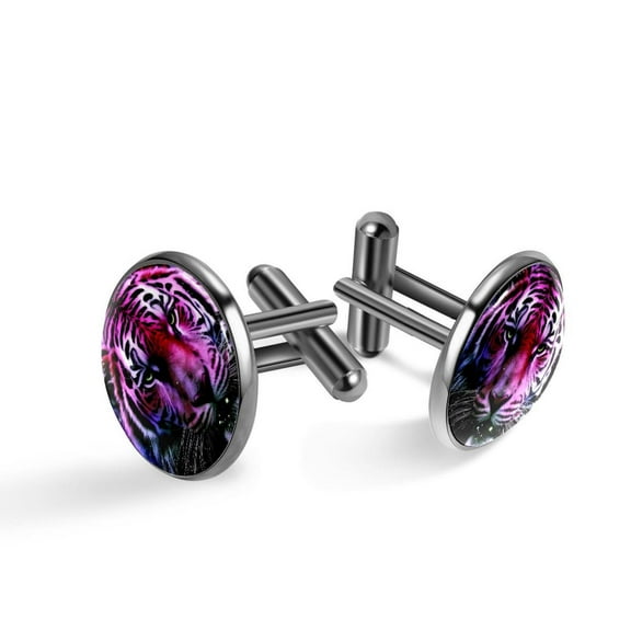 PhooArto Men's Classic Stainless Steel, Purple Galaxy Tiger Head Cufflinks Business Wedding Shirts, Black