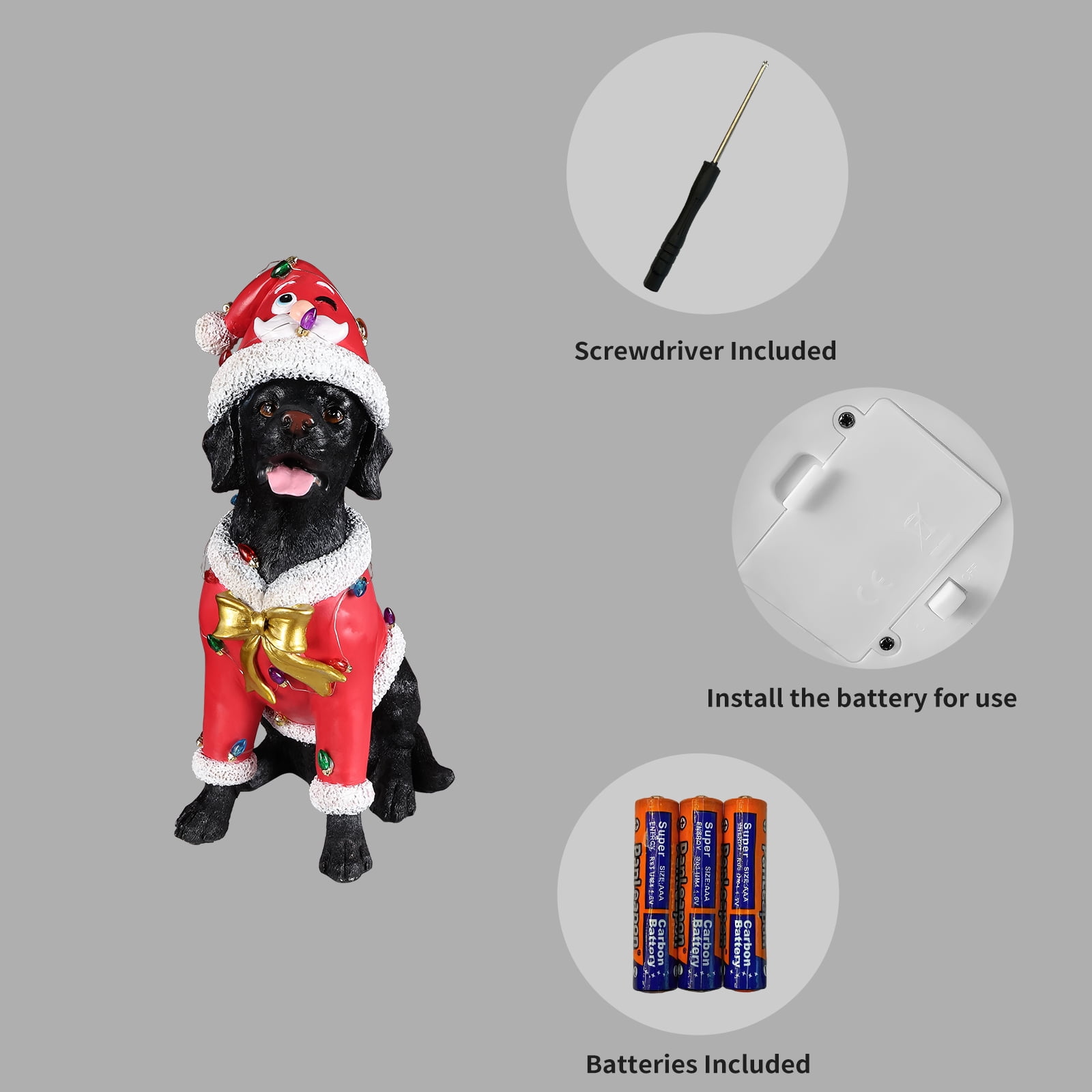 Black Labrador Red Santa Outfit Christmas Dog Statue with Santa Hat Holiday Tabletop Decor