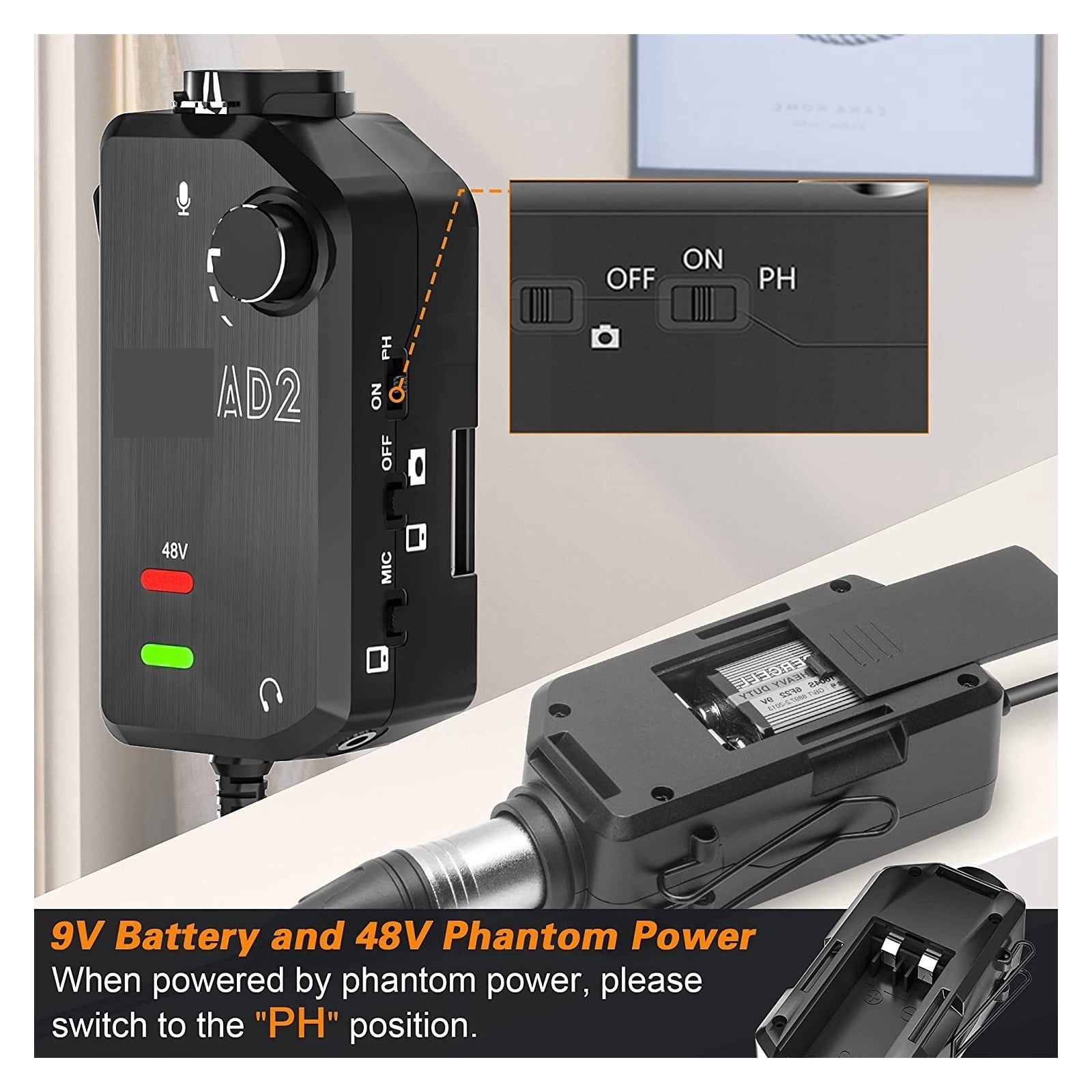 AD2 XLR/ 6.35mm Preamp Adapter With 48V Phantom Power Guitar Interface Microphone Preamp