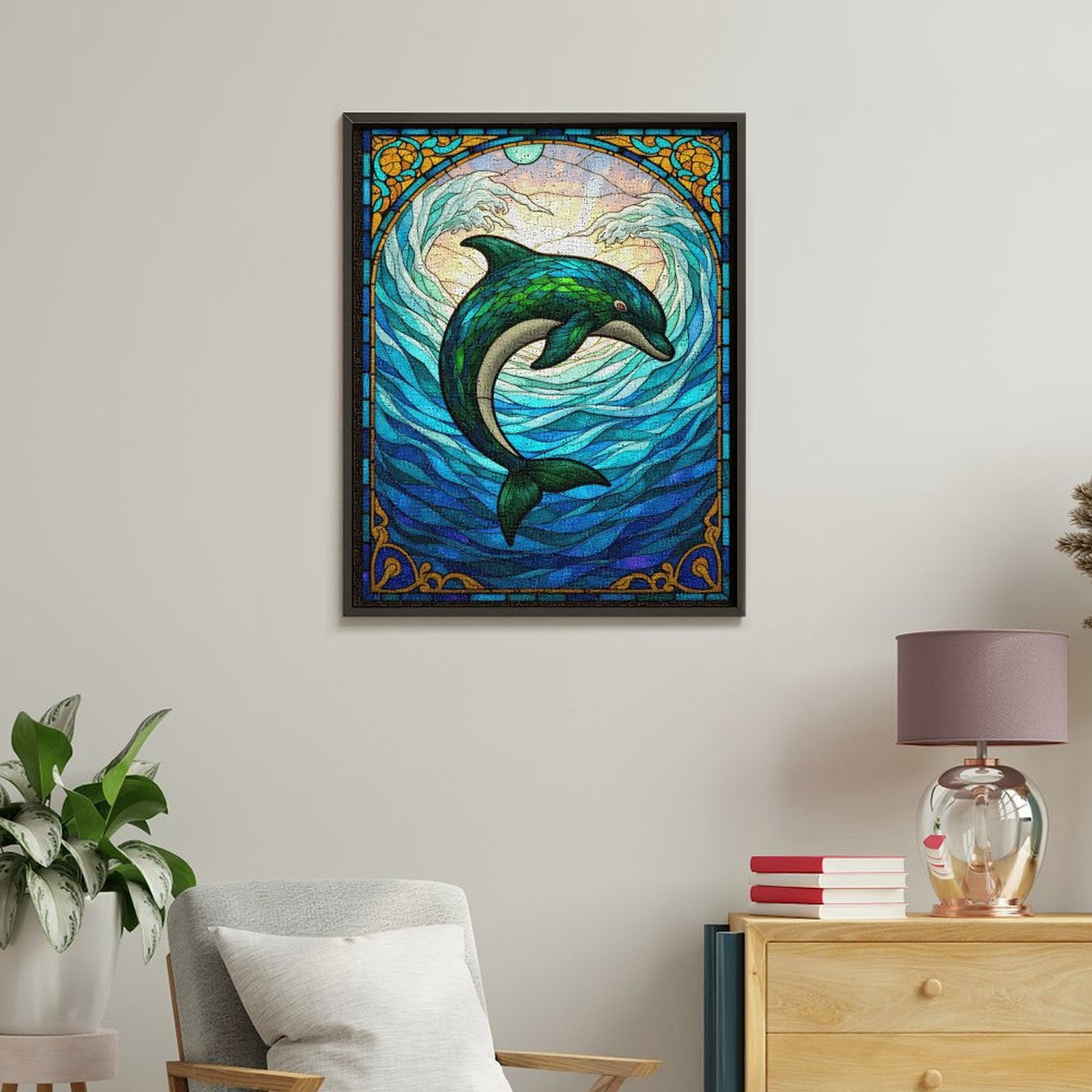 Paint By Numbers Kit for Adults Beginner - DIY Dolphin Waves Stained Glass Art Canvas Painting Kits for Adults, Frameless Paint By Number for Adults for Home Wall Decor 16x20 Inch