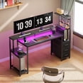 thumbnail image 2 of Satifur 55 Gaming Desk with Power Outlets, LED Computer Desk with 4 Tiers Shelves for Home Office with Hutch Board, Drawers, Black Carbon Fiber, 2 of 8