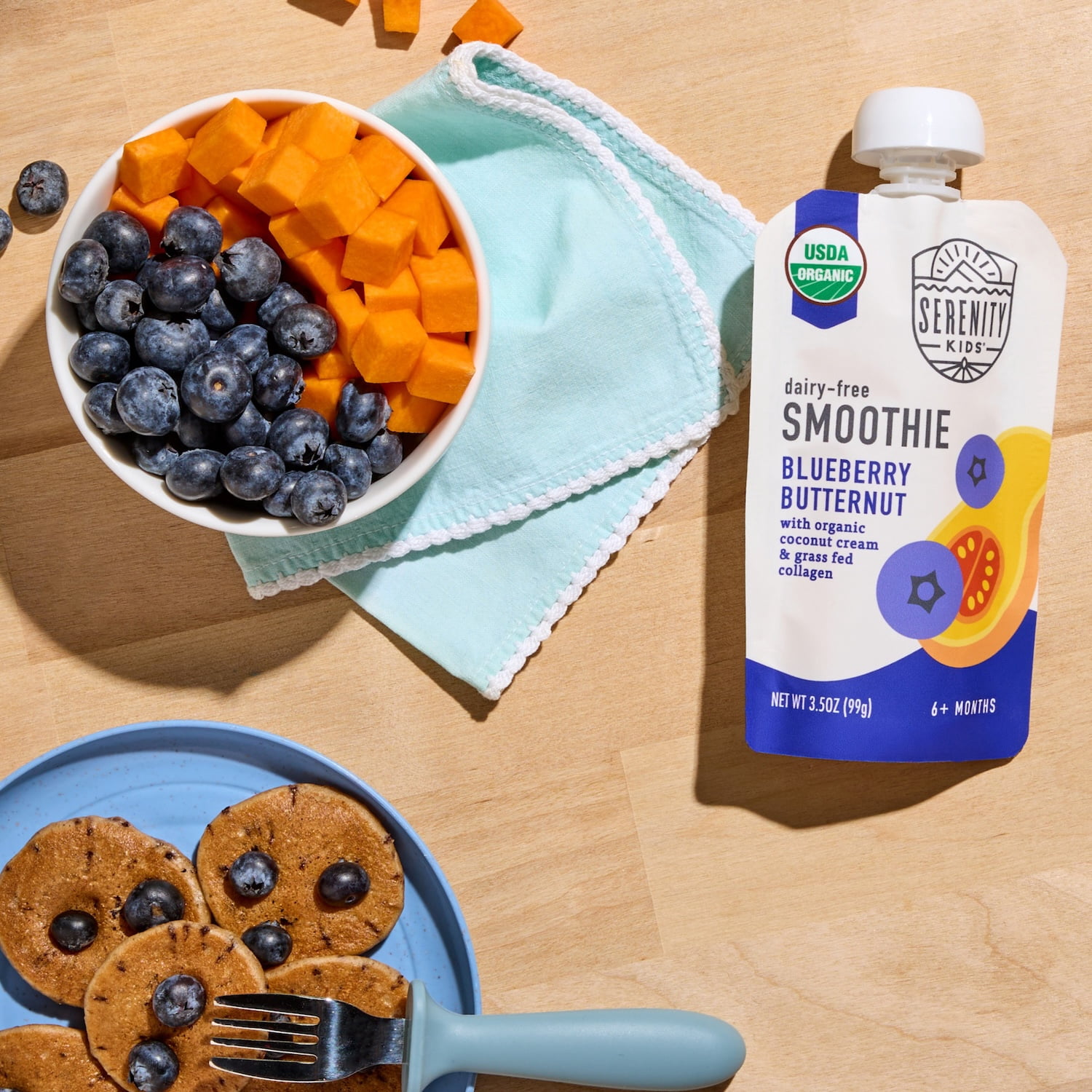 Serenity Kids Dairy Free Blueberry Butternut Smoothie with Organic Coconut Cream and Grass Fed Collagen, 3.5oz Pouch