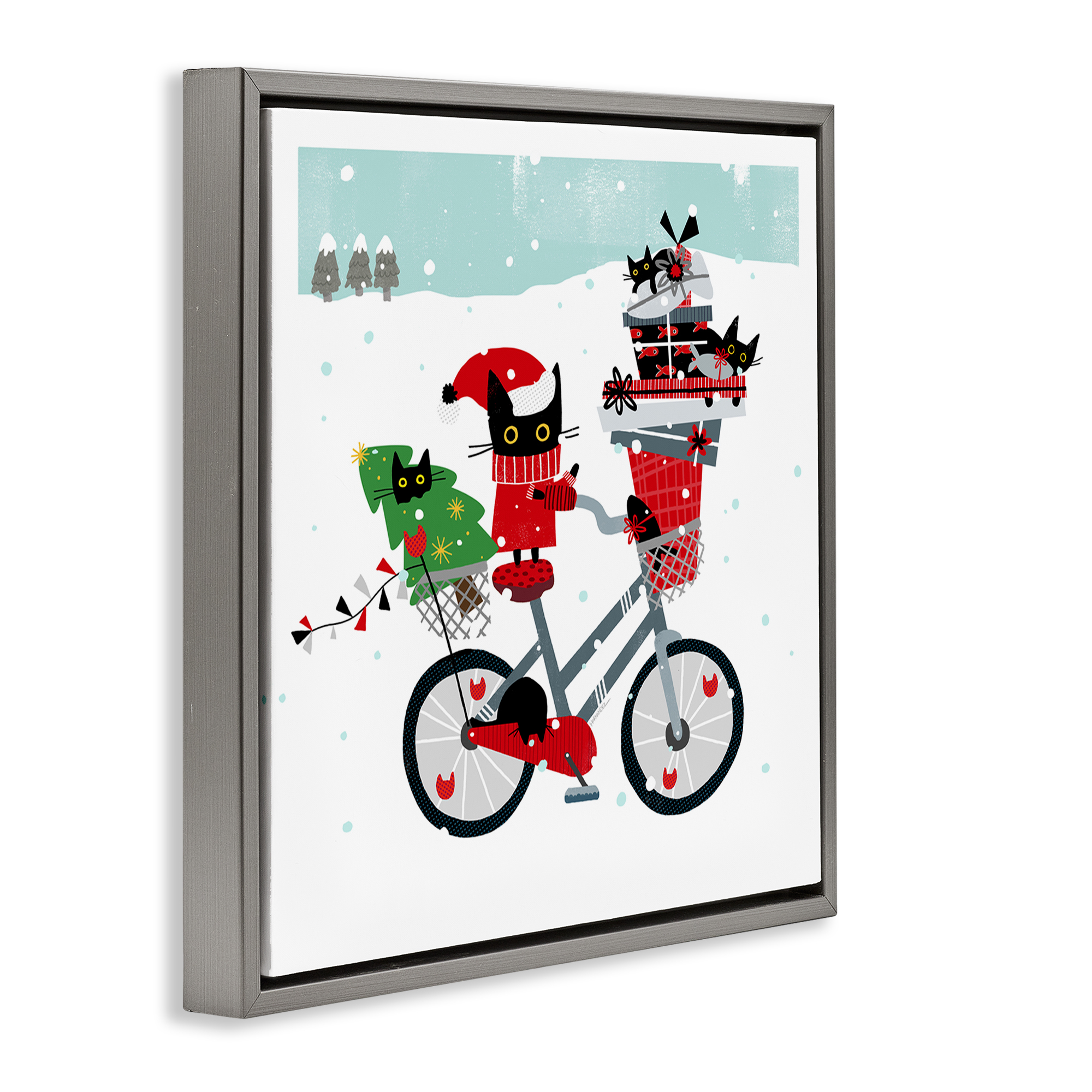 Stupell Industries Holiday Catmas Bicycle Holiday Painting Gray Floater Framed Canvas Art Prints Wall Art, 25 x 25